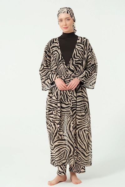 Bordomix 7165 Women's Black Striped Patterned Belted Long Pareo - Beach Dress