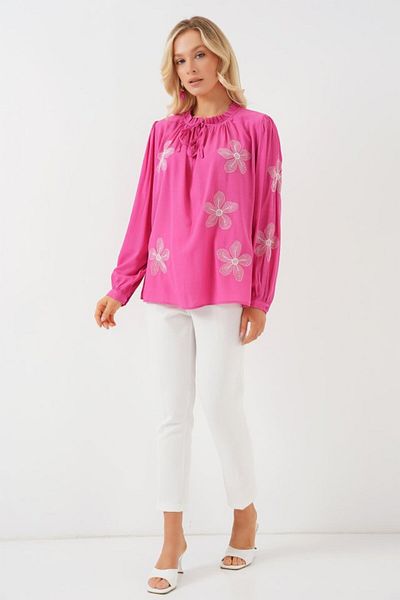 modaserdem Long Sleeve Embroidered Knitted Blouse 951 - Pink