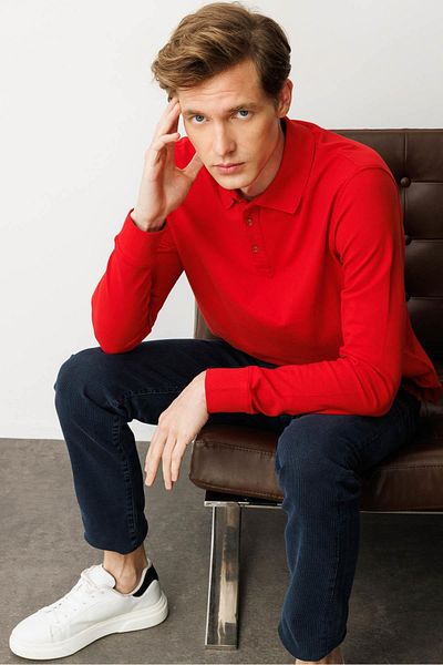 Desen Triko Men's Polo Neck Sweatshirt Red
