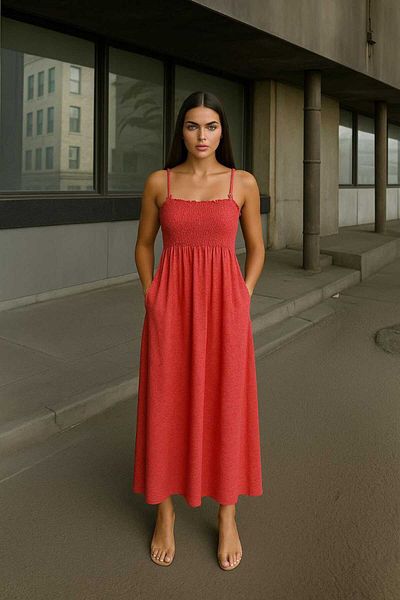 Modabenna Patterned Red Rope Strap Long Summer Dress with Gipeli on the Chest Midi Cotton Linen Casual Loose Woven