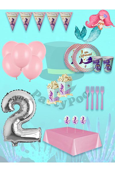 PartyPoo Mermaid Birthday Set 16 People Party Balloons, Birthday Ornaments, Birthday Party Set