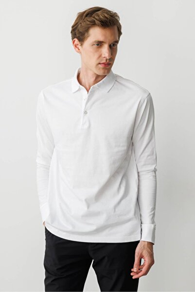 Desen Triko Чоловічий світло-білий поло з довгим рукавом