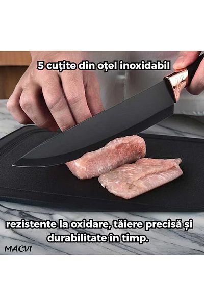 MACVI Set Ustensile Bucatarie Macvi® 19 Piese Silicon Termorezistent si Bambus, Cutite Inox, Negru Elegant