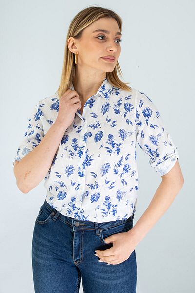 Nuevo Cămașă pliată cu mâneci de in cu model floral albastru pentru femei