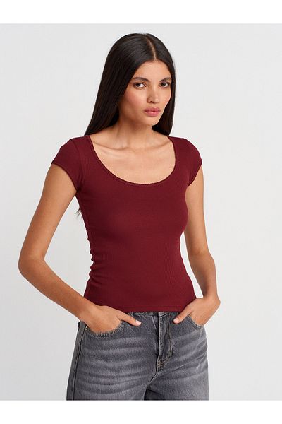 Dilvin 31807 Crew Neck Corded T-Shirt-Light Claret Red