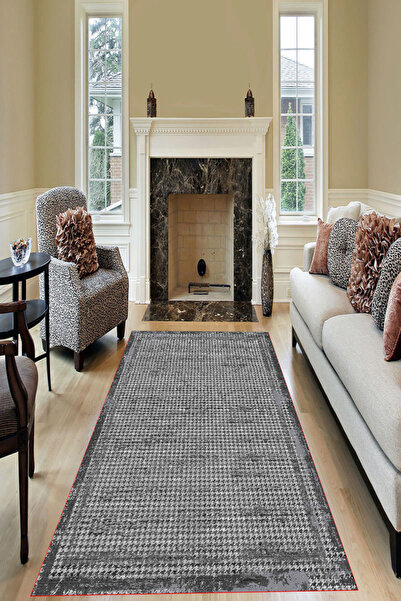 MODANOİVA Makinede Yıkanabilir Kaymaz Taban Leke Tutmaz Siyah Çizgili Salon ve Yolluk Halısı