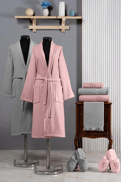 Stylish Home SET HALATE PENTRU 2 PERSOANE PIKE BRODERIE -10pcs -DARK GRAY/PINK