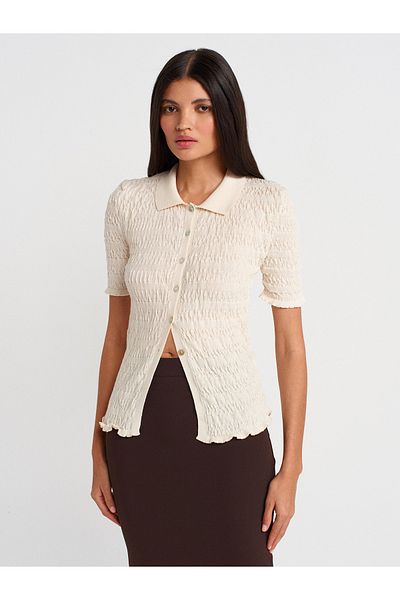 Dilvin 60971 Polo Neck Gathered Button Slim Knitwear Cardigan-Ecru