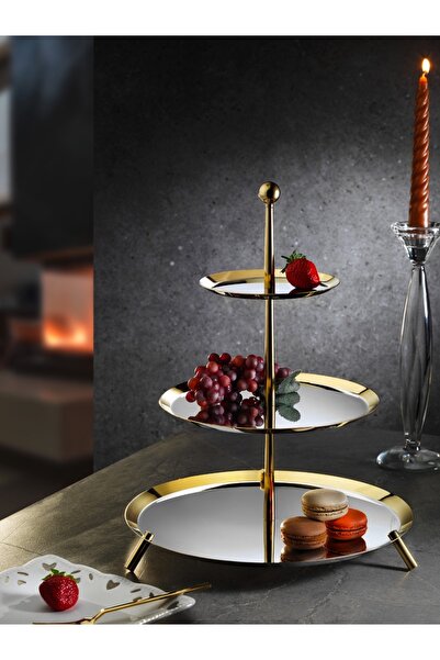 Tiamo Large 3 Katlı Ayaklı Sunum Ikram Tabağı Gold