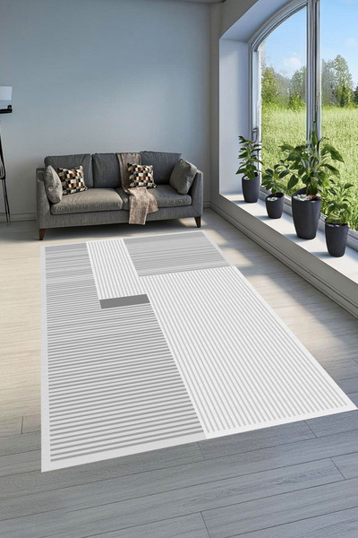 MODANOİVA Makinede Yıkanabilir Kaymaz Taban Leke Tutmaz Gri Şerit Desenli Salon ve Yolluk Halısı