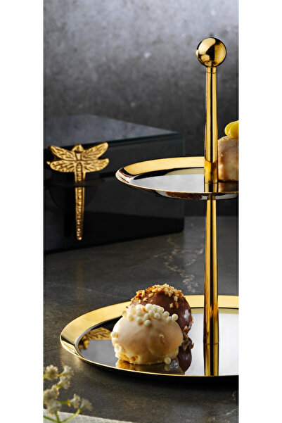 Tiamo Medium Katlı Sunum İkram Tabağı Gold ( Kenar Kısımlar Altın Kaplama )