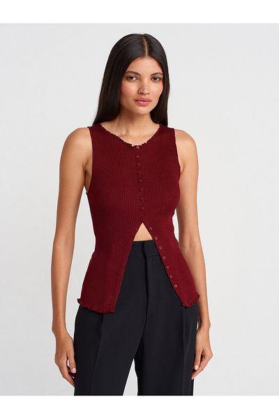 Dilvin 60972 Corded Buttoned Slim Knitwear Vest-Claret Red