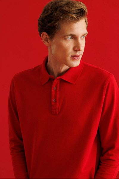 Desen Triko Men's Polo Neck Sweatshirt Red