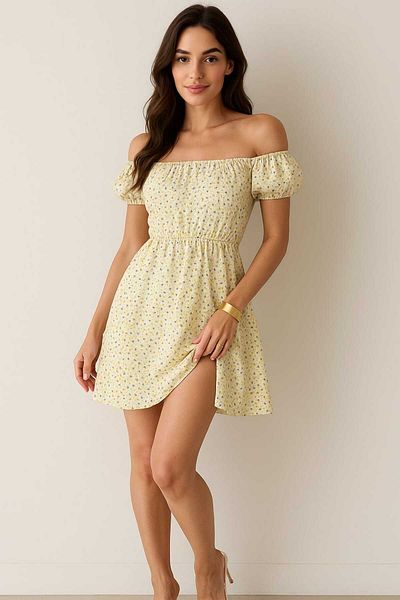 gigigiyim Rochie de damă cu decolteu barcă din țesătură cu model floral, galbenă