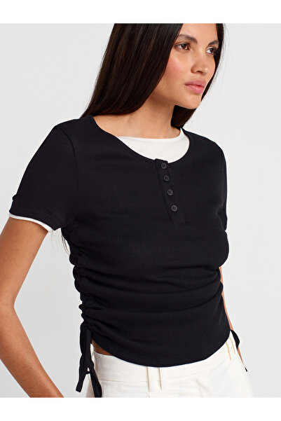 Dilvin 31816 Çift Katlı Büzgülü T-shirt-Siyah
