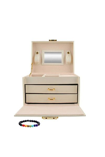 OEM Cutie de bijuterii XL, oglinda, crem, cheita, 20 de compartimente, inclus Bratara energetica