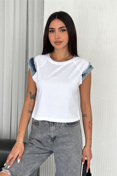 FEMELLE Women's White Sleeveless Denim Detailed 100% Cotton T-Shirt