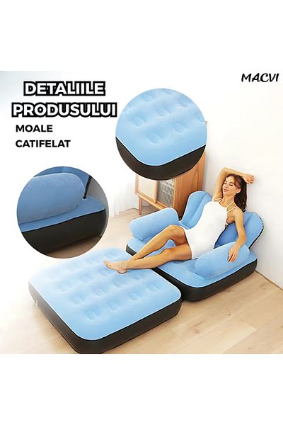 MACVI Fotoliu Gonflabil Macvi® XL 2 in 1 Portabil Interior/Exterior, Camping/Plaja, 100x88x90 cm, Albastru