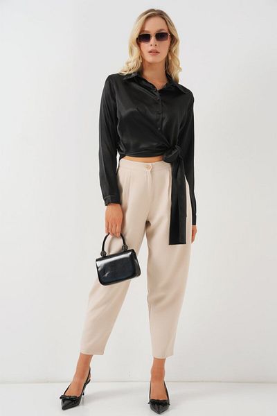 modaserdem Tie-Up Long Sleeve Satin Shirt 20287 - Black
