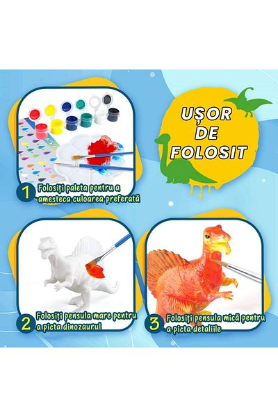 Pitikot Set pictura cu 10 dinozauri de colorat Pitikot®, cu 12 culori, 6 pensule