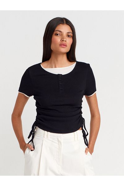 Dilvin 31816 Double Layer Gathered T-Shirt-Black