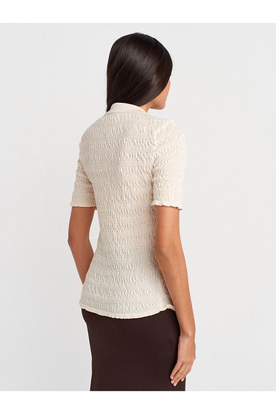 Dilvin 60971 Polo Neck Gathered Button Slim Knitwear Cardigan-Ecru