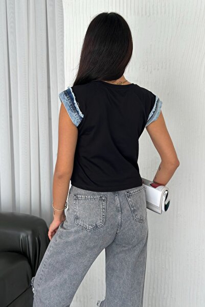 FEMELLE Women's Black Sleeveless Denim Detailed 100% Cotton T-Shirt