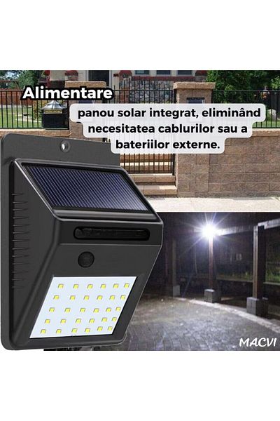 MACVI Lampa Solara Macvi® cu 30 LED-uri Fara Senzor de Miscare, Iluminare Constanta, Rezistenta la Apa