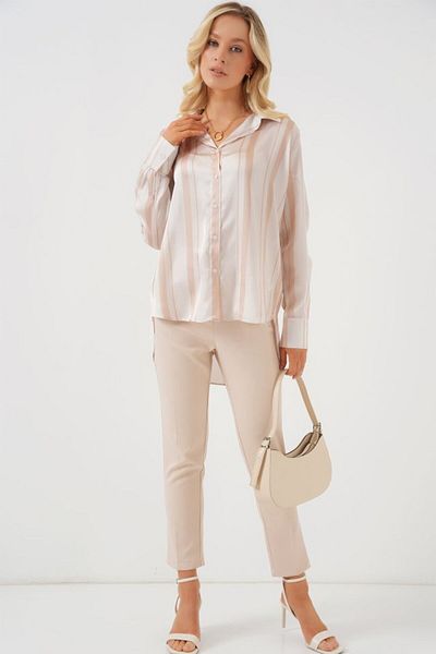 modaserdem Striped Long Satin Shirt 20291 - Beige