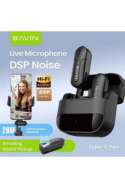 Bavin Dual Wireless Lavalier Microphone for Audio and Video Recording Compatible with Type-C Devices Black