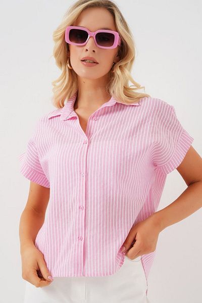 modaserdem Striped Short Sleeve Shirt 20324 - Pink