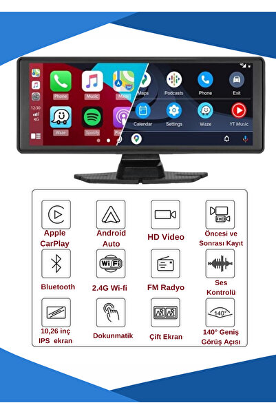 BEKAZE Carplay Android Uyumlu 10.2 İnç Büyük Ekran Tak 4K Ön/Arka Çift Kameralı Araç Ekranı Uyumlu