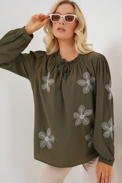modaserdem Long Sleeve Embroidered Knitted Blouse 951 - Khaki