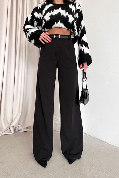 LOKADI Women's Leather Belted Pleated Wide Leg Palazzo Trousers