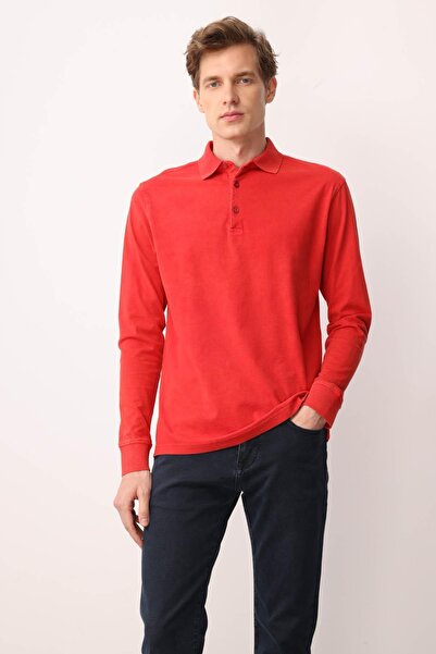 Desen Triko Erkek Polo Yaka Uzun Kollu Sweatshirt Kırmızı