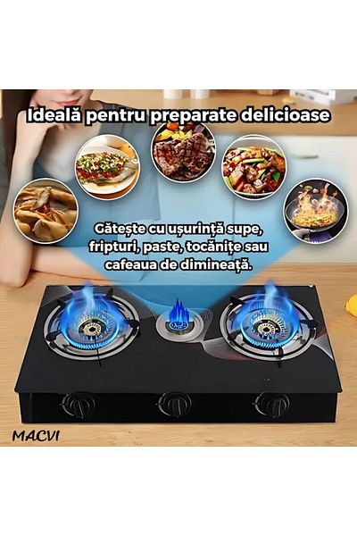 MACVI Aragaz Portabil Macvi® GPL cu 3 Arzatoare, Sticla Securizata, Aprindere Quartz, Compact, sigura