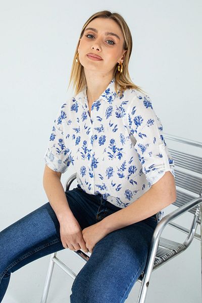 Nuevo Cămașă pliată cu mâneci de in cu model floral albastru pentru femei