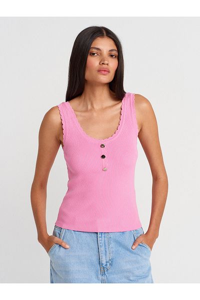 Dilvin 10744 Corded Button Detailed Knitwear Blouse-Dark Pink