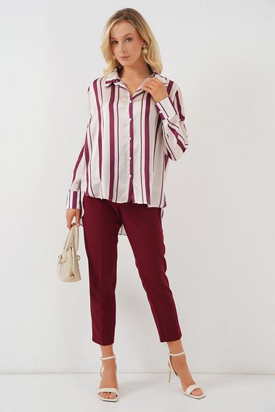 modaserdem Striped Long Satin Shirt 20291 - Burgundy