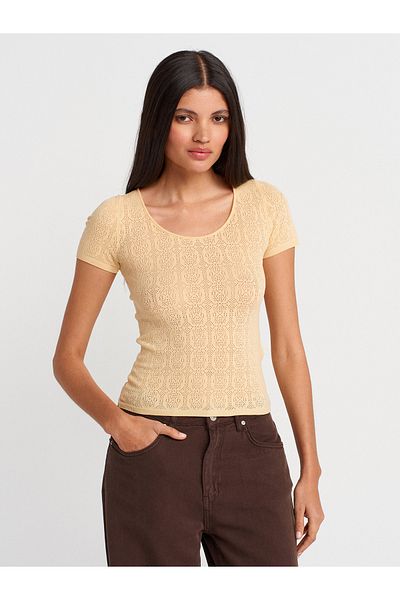 Dilvin 10755 Short Sleeve Lace Textured Thin Knitwear Blouse-T.Yellow