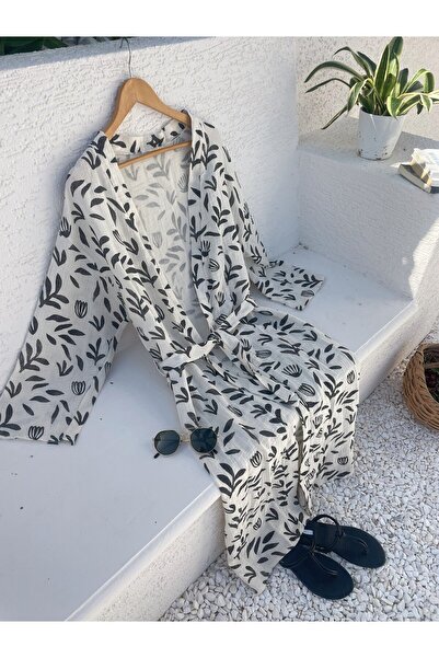 MUJO Black-Ecru Patterned 2 Layer Organic Muslin Women's Kimono Efes