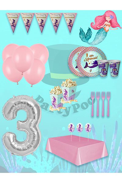 PartyPoo Mermaid Birthday Set 16 People Party Balloons, Birthday Ornaments, Birthday Party Set