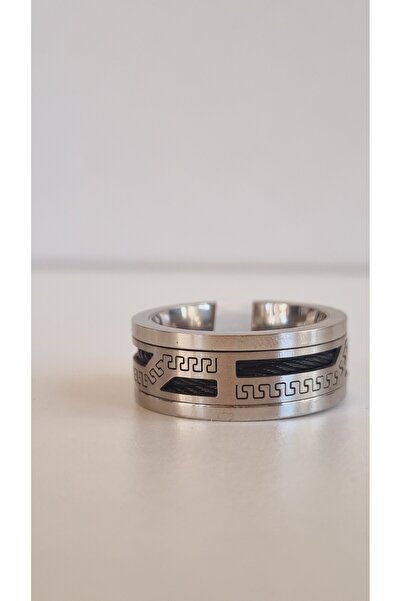 İNİTİUM 316L Stainless Steel Silver Ring with Black Detail