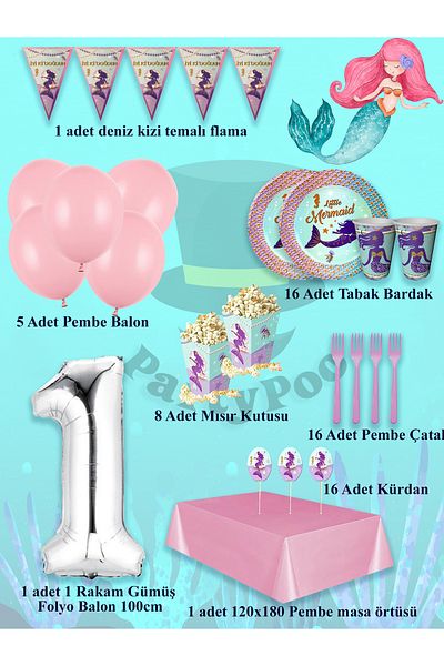 PartyPoo Mermaid Birthday Set 16 People Party Balloons, Birthday Ornaments, Birthday Party Set