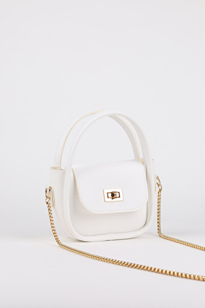 NOTHING Women's Gold Lock Detailed Adjustable Chain Strap White Hand Shoulder and Crossbody Bag Lora