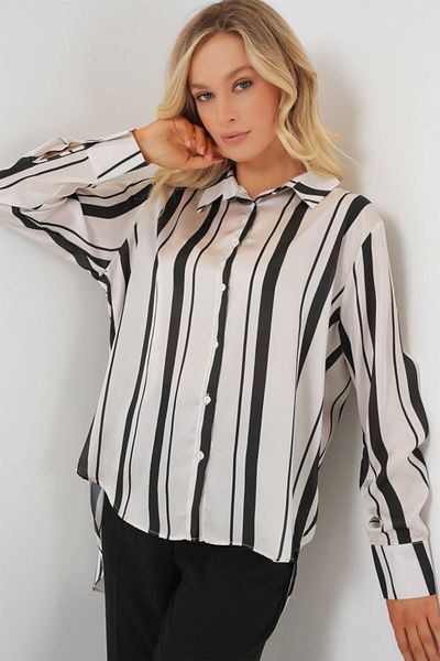modaserdem Striped Long Satin Shirt 20291 - Black