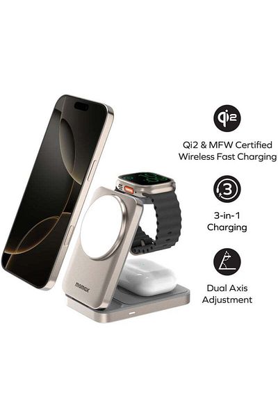 Momax 1-Charge Q.Port Qi2 15W 3-in-1 Magnetic Wireless Charging Stand - Titanium
