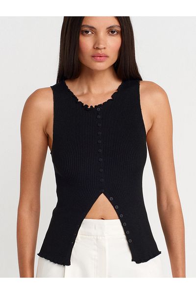 Dilvin 60972 Corded Buttoned Slim Knitwear Vest-Black