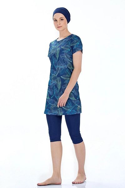 Bravie Women's Short Sleeve Soft Patterned Capri Plus Size Half Hijab Swimsuit - - 9304