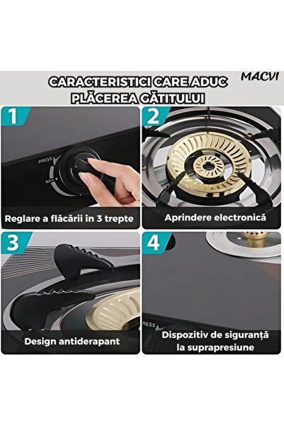 MACVI Aragaz Portabil Macvi® GPL cu 3 Arzatoare, Sticla Securizata, Aprindere Quartz, Compact, sigura